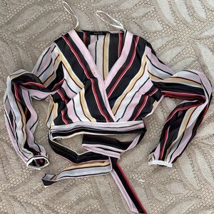 Papaya Striped Wrap Blouse in Pink, Black & Gold